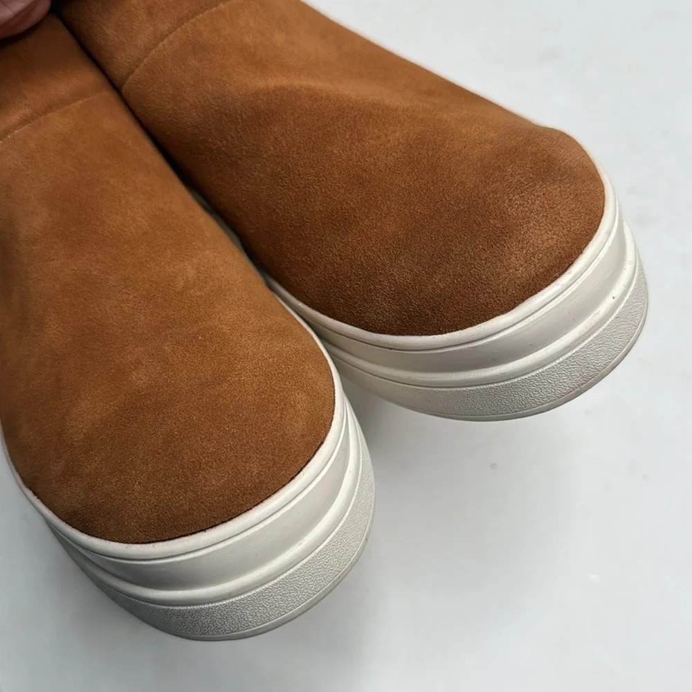 J/SLIDES Faux Fur-Lined Microsuede Tan Brown Booties S-286 Sz 10